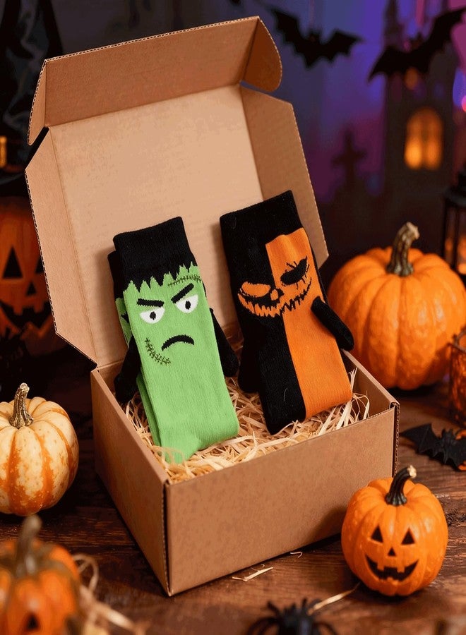 Blinket 2 Pairs Halloween Novelty Sock - Magnetic Funny Couple Best Friend Gift, Evil Pumpkin Faces and Green Zombies Holding Hands Sock Funny 3D Magnetic socks for Man Women - Image 4